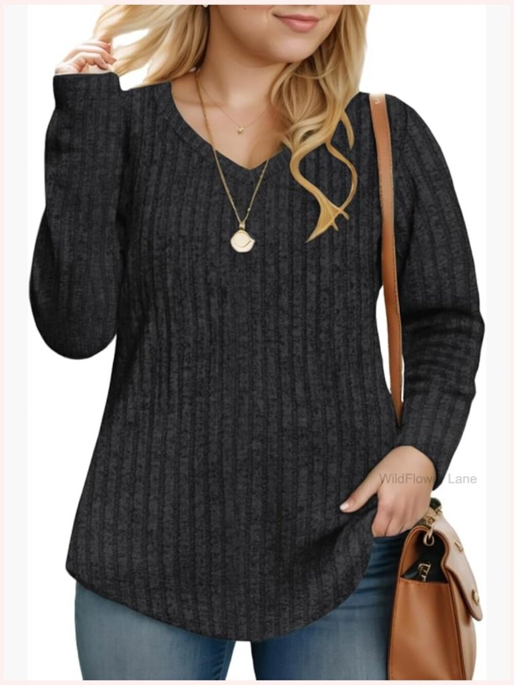 Plus Size V-Neck Tunic Top Long Sleeve Lightweight Knit Sweater Loose Pullover